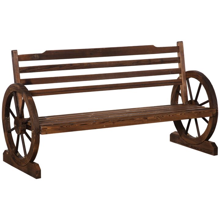 Wooden Wagon Wheel Bench, 3-Person Rustic Slatted Seat, Outdoor Patio Furniture, Brown