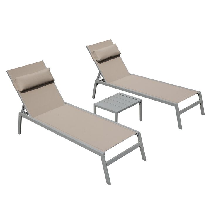 CLIHOME 3-Piece Patio Lounge Chairs,Outdoor All Weather Aluminum Adjustable Pool Recliner with Side Table