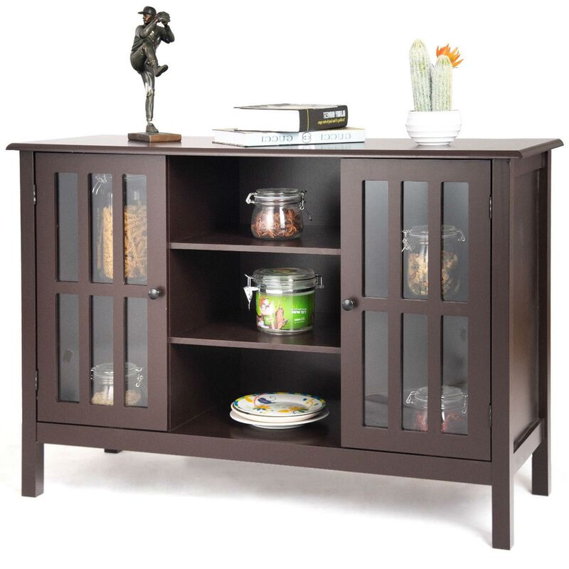 Hivvago Brown Wood Sofa Tale Console Cabinet with Tempered Glass Panel Doors