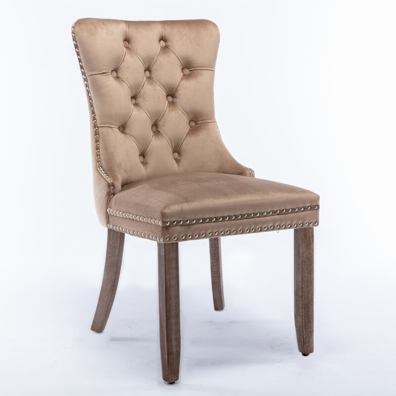 Streamdale 2 Pieces Set, Khaki Velvet Dining Chairs With Wood Legs