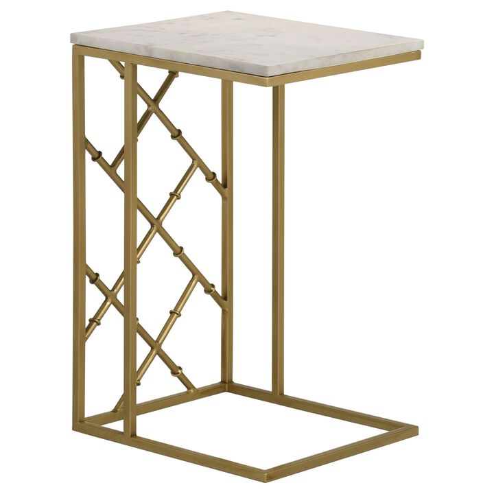 Syp 25 Inch Accent Table, White Marble Top, Gold Crossed Open Metal Frame - Benzara