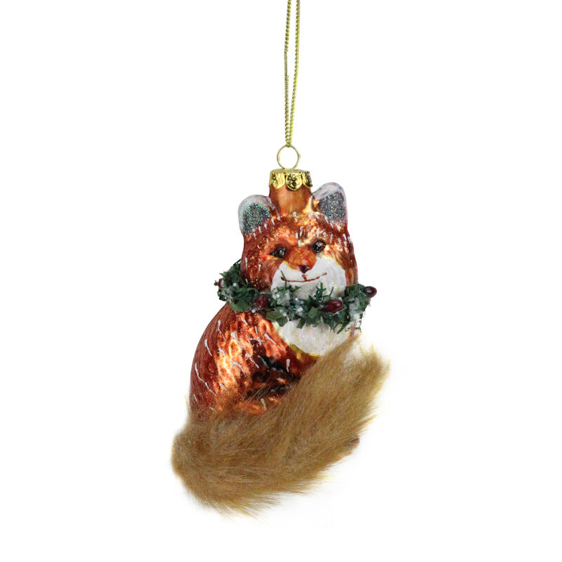 4.5" Brown and Green Fox with Faux Fur Tail and Wreath Christmas Ornament image number 0
