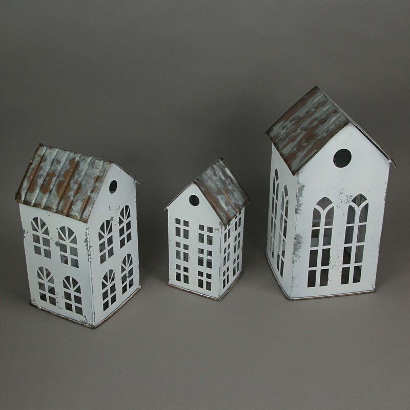 Set of 3 Rustic Country Farmhouse White Metal House Shaped Candle Holders image number 2
