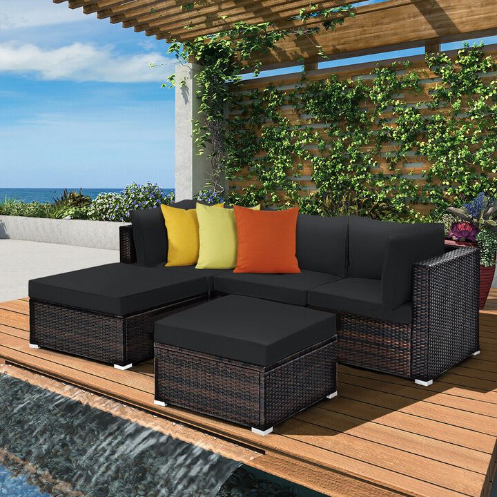 5 Pieces Patio Rattan Sofa Set with Cushion and Ottoman