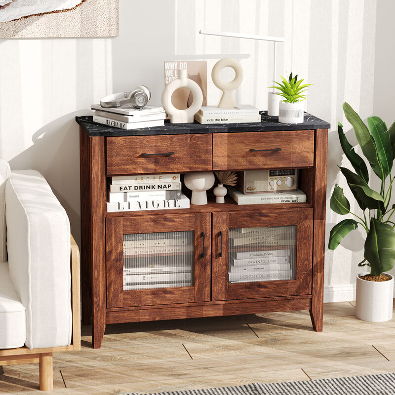 Coffee Bar Storage Cabinet with Open Shelf and Dual Drawers – Compact Sideboard