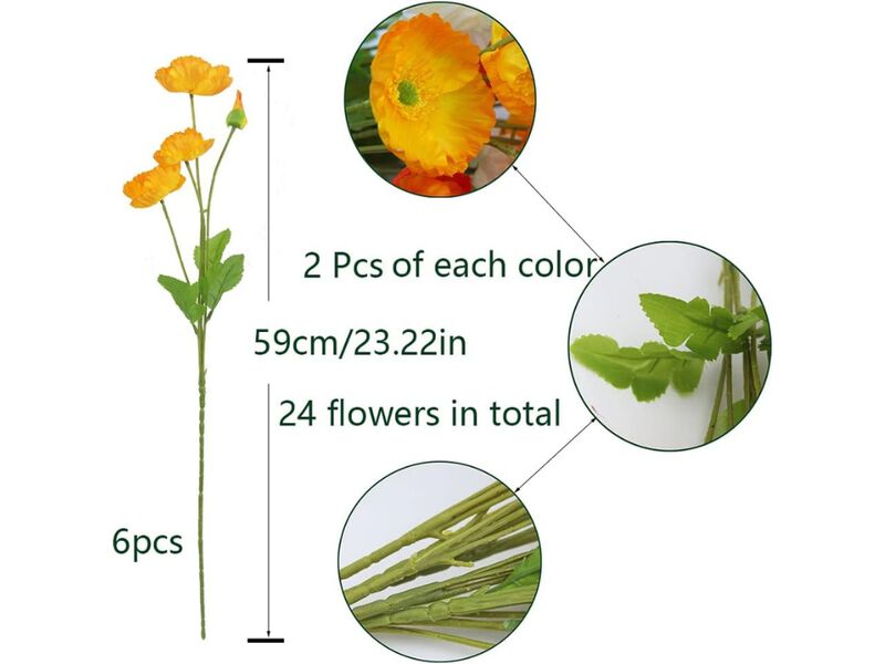 6 Piece Artificial Poppy Flower Stems Real Touch Wedding Centerpiece Decor image number 2