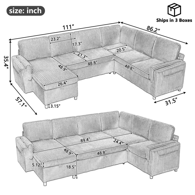 111" U-Shaped Convertible Sectional Sofa Bed image number 9