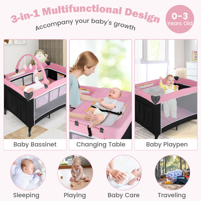 3-in-1 Portable Baby Crib and Playpen with Removable Changing Table and Storage