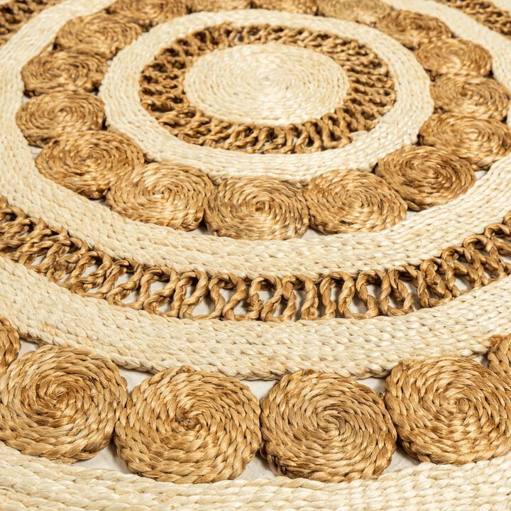 Round Handwoven Ivory Braided Jute Lace Mat