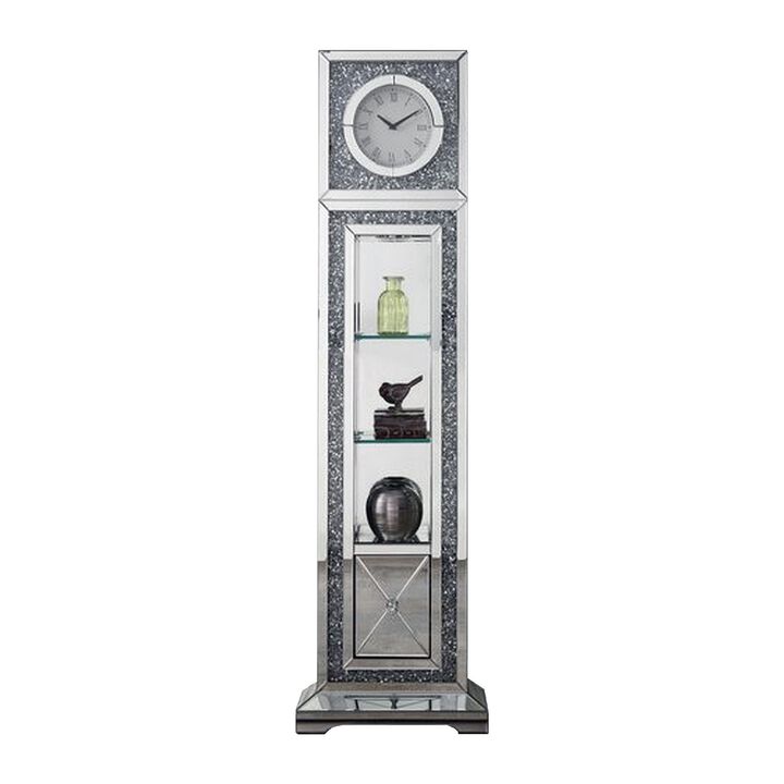 Mirrored Grandfather Clock with 1 Drawer and Faux Diamonds, Silver-Benzara