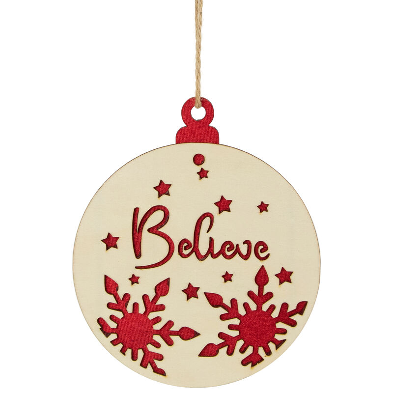7" Round "Believe" Christmas Ornament Disc with Snowflake and Star Cutouts image number 0