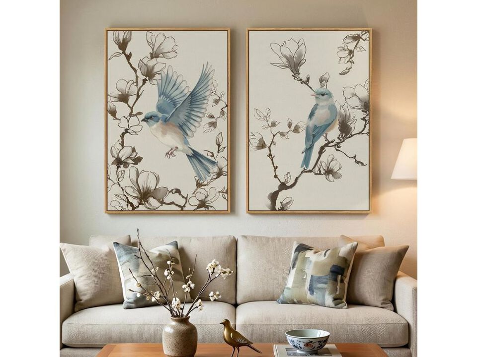 Vintage Botanical Bird Wall Art Set Framed Neutral Floral Canvas Prints