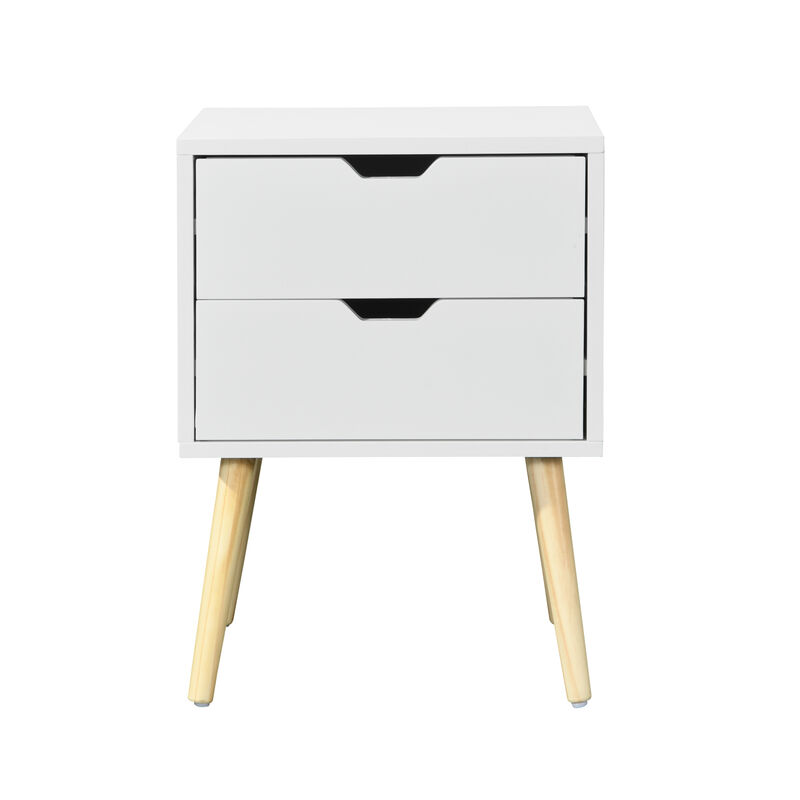Side Table with 2 Drawer and Rubber Wood Legs, Mid-Century Modern Storage Cabinet for Bedroom Living Room Furniture, White image number 4