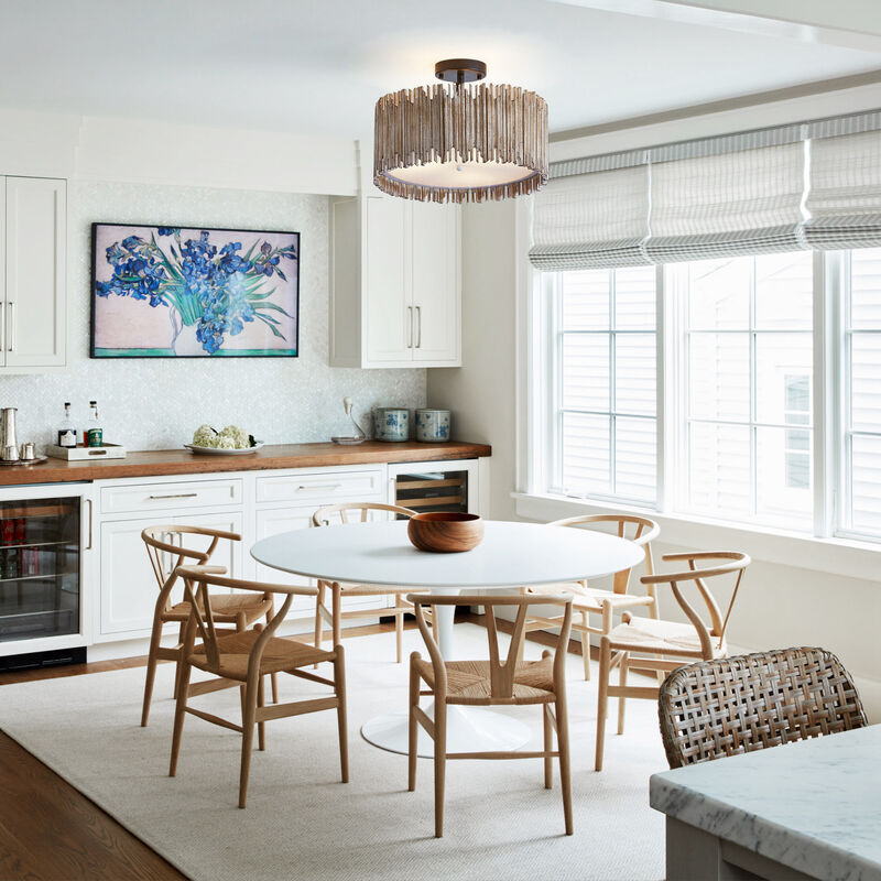 15.5" 3-Light Distressed White Wood Drum Semi Flush Mount Ceiling Light