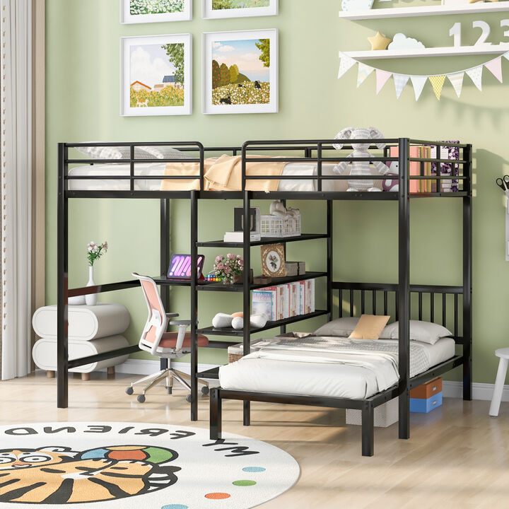 Full Over Twin Metal Bunk Bed With Built-In Desk, Shelves And Ladder