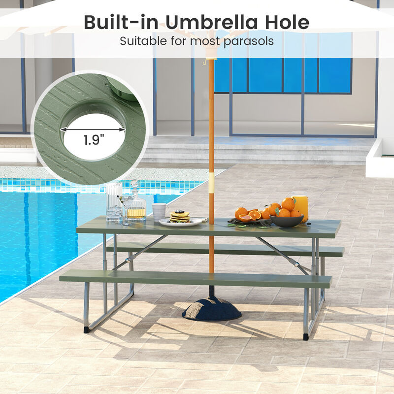 Folding Picnic Table Set with Metal Frame, All-Weather HDPE Tabletop, and Umbrella Hole