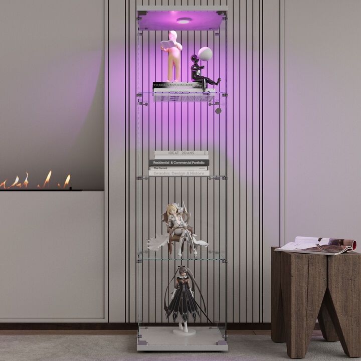 GOODSILO LED Glass Display Cabinet with 4 Tempered Glass Shelves and Door for Living Room Bedroom Office Collections