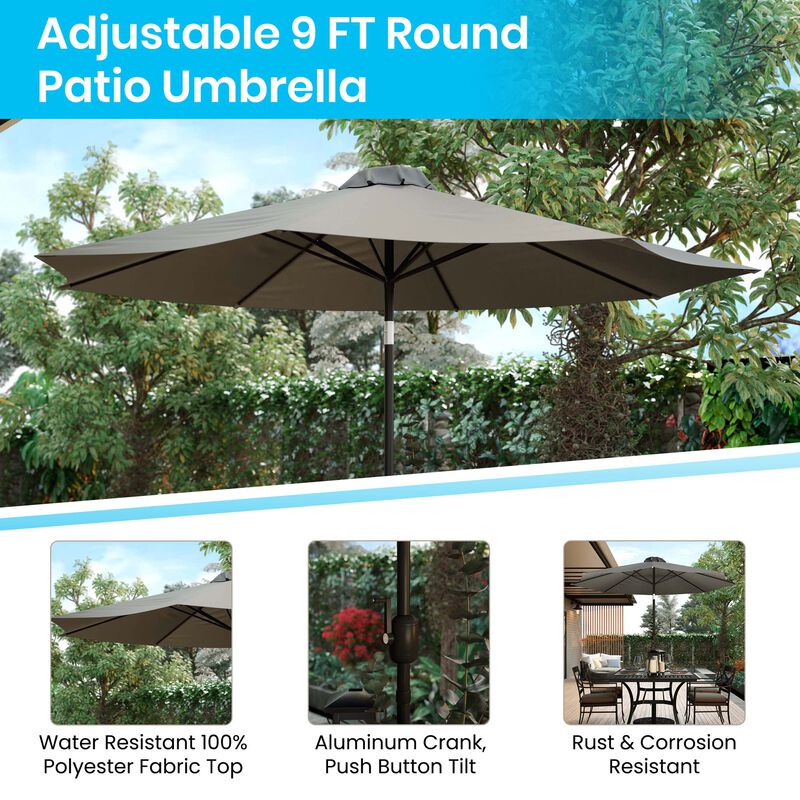 Flash Furniture Lark 3 Piece Outdoor Patio Table Set - Natural Faux Teak Dining Table - 30" x 48" Synthetic Teak Patio Table with Gray Umbrella and Base