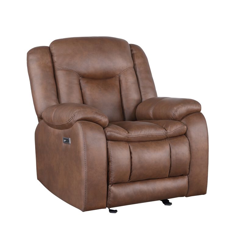 Olaf Power Recliner Chair, Chaise Footrest, Saddle Brown Faux Leather - Benzara image number 0