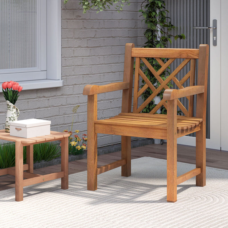 Wood Patio Dining Chair with Slatted Seat Cross-Rhombus Backrest and Solid Legs image number 1