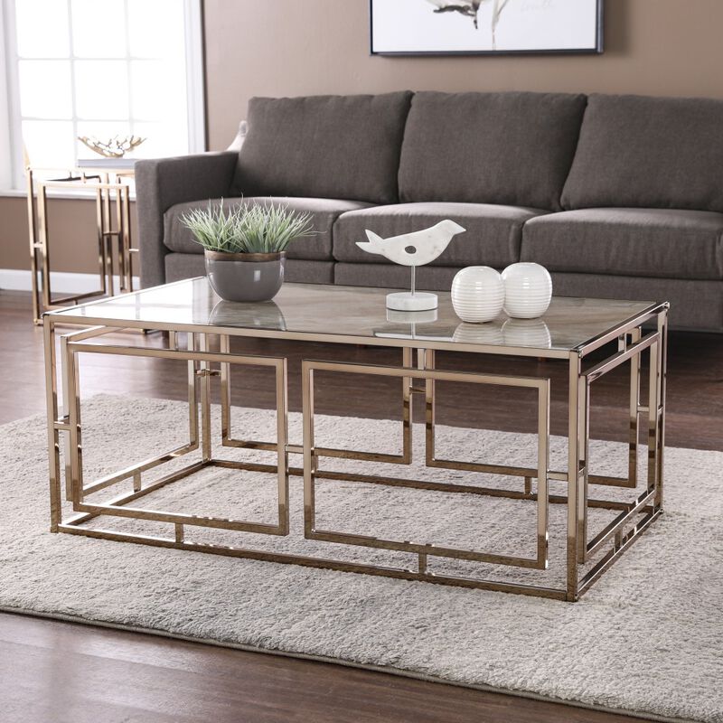 Hivvago 44 Inch  Champagne Glass And Metal Rectangular Coffee Table