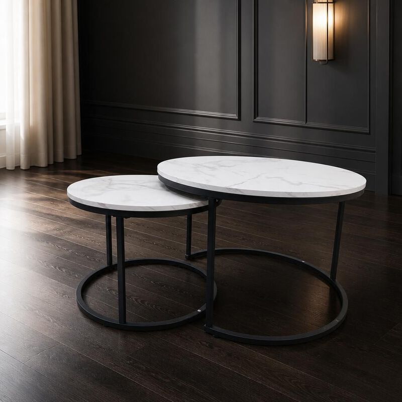 GOODSILO Round Nesting Coffee Table Set of 2, Space-Saving Stackable Side Tables with Marble Pattern Top and Sturdy Metal Frame for Living Room Bedroom Balcony image number 3