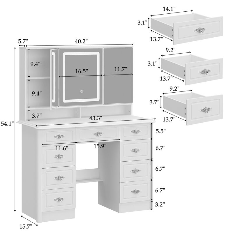 White Makeup Vanity Table Dressing Desk with 3-Mirrors, LED Lighted, 9-Drawers, Hidden Storage Shelves, Crystal Handles