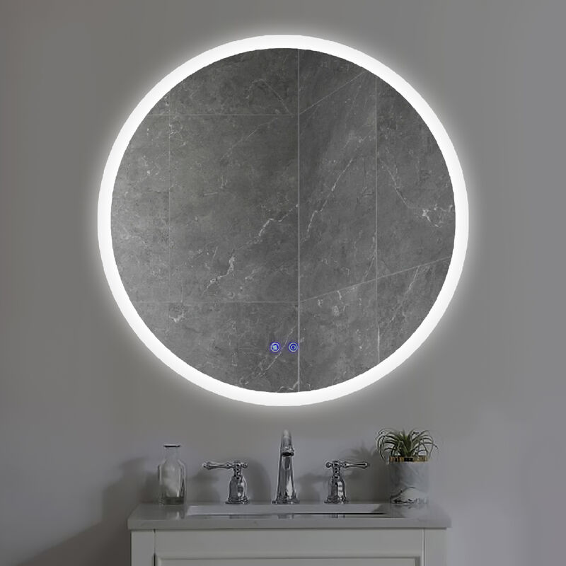 32 x 32 Inch Round Frameless LED Illuminated Bathroom Mirror, Touch Button Defogger, Metal, Silver