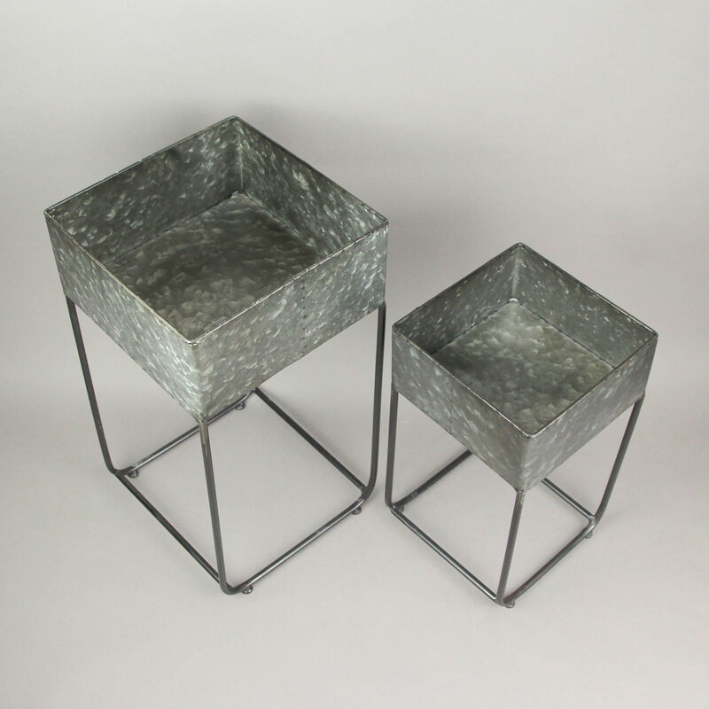 Set of 2 Galvanized Zinc Finish Square Metal Planters On Stands image number 4