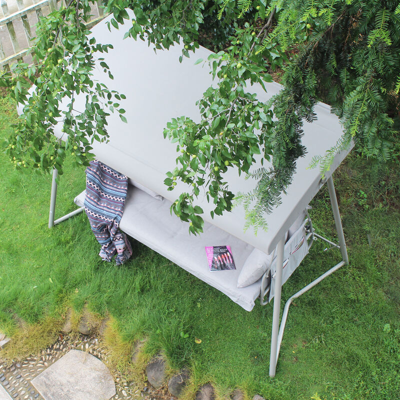 Whisen 93.8 in. W 3-Person Metal Patio Swing Chair Swing Bed with Cushion and Adjustable Canopy - Grey