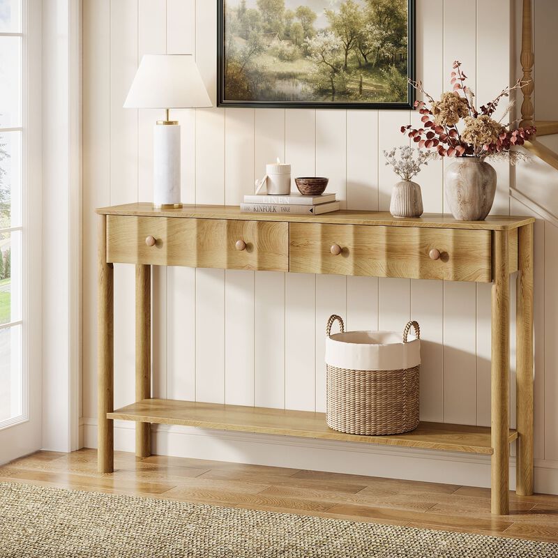Entryway Console Table with 2 Drawers, Fluted Sofa Table with Open Shelf-Natural image number 6