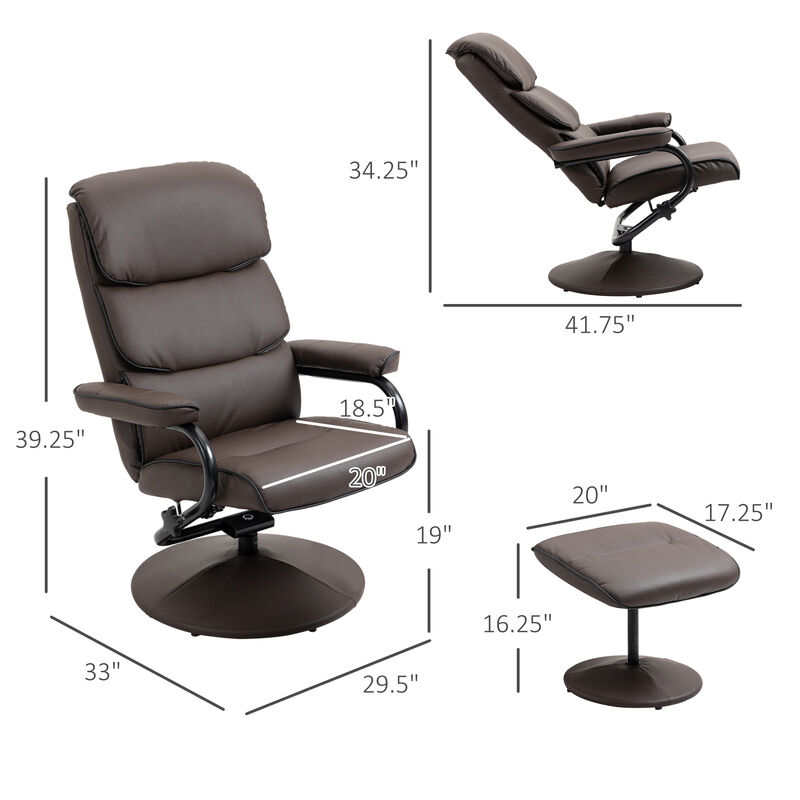 HOMCOM Recliner Chair with Ottoman, PU Leather Swivel High Back Armchair w/ Footrest, 135° Adjustable Backrest and Thick Foam Padding, Brown