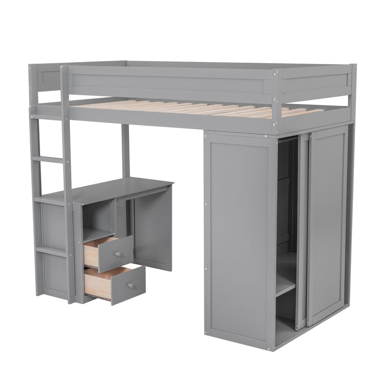 Whisen Wood Twin Size Loft Bed with Wardrobes and 2-Drawer Desk with Cabinet - Gray