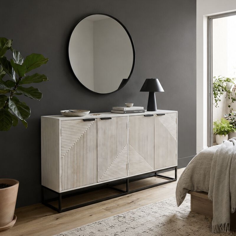 Seya 4 Door Sideboard Console, Fluted Front, Antique White Mango Wood, Black Iron Base, 60 Inch image number 7