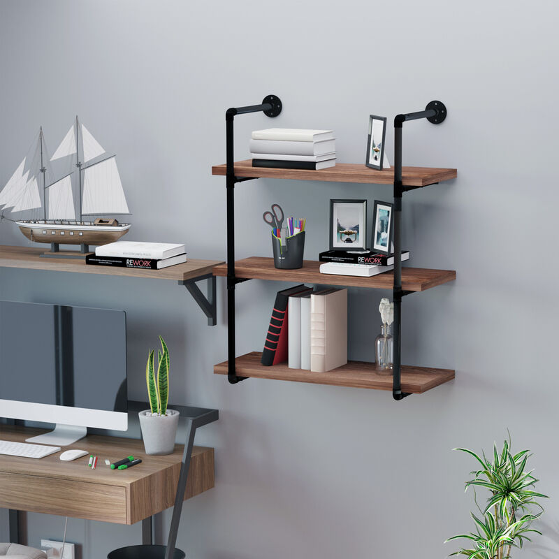 HOMCOM 3-Tier Industrial Pipe Shelves, Floating Wall Mounted Bookshelf, Metal Frame Display Rack for Living Room or Bedroom, Rustic Brown