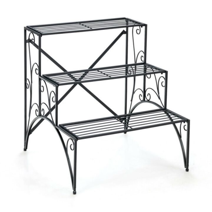 Hivvago 3-Tier Metal Plant Stand with Widened Grid Shelf for Porch Garden-Black
