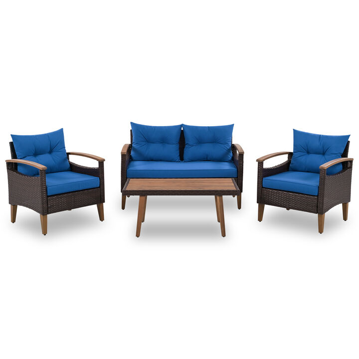 4-Piece Garden Furniture, Patio Seating Set, PE Rattan Outdoor Sofa Set, Wood Table and Legs, Brown and Blue