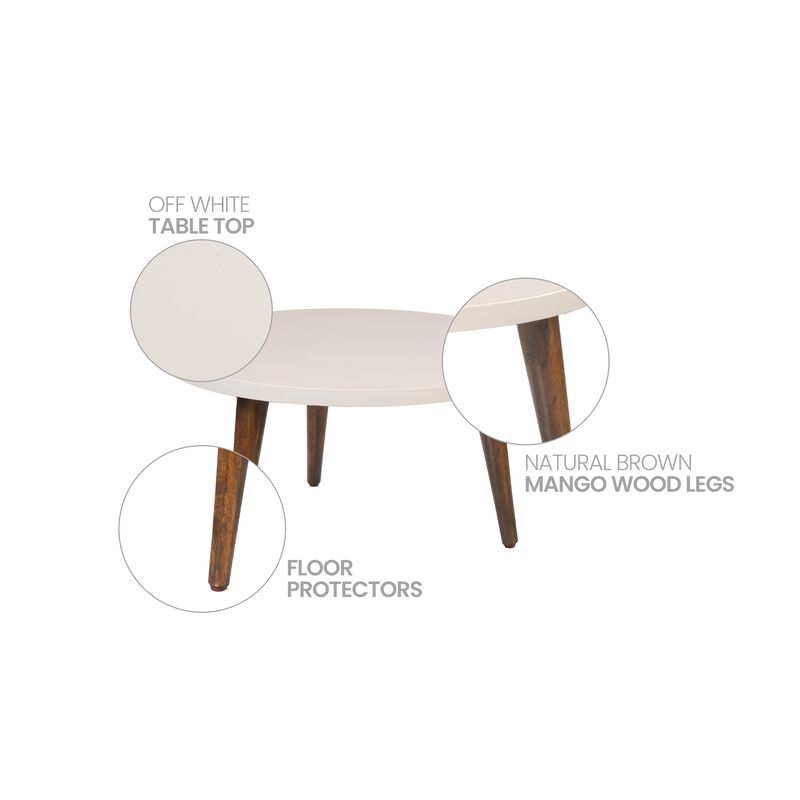 24 Inch Modern Coffee Table, Round Off White MDF Top, Tapered Brown Mango Wood Legs
