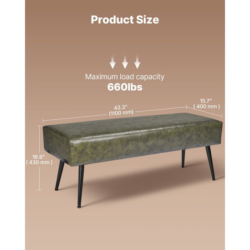Upholstered Leather Bench with Stitching and Metal Legs for Bedroom, Entryway, Hallway Seating-Green image number 2
