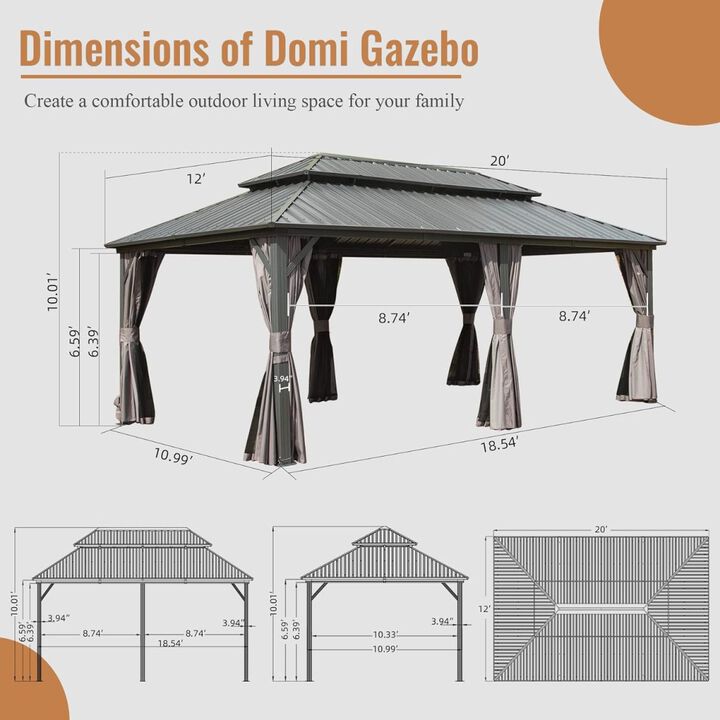 12' X 20' Hardtop Gazebo, Aluminum Metal Gazebo with Galvanized Steel Double Roof Canopy, Curtain and Netting, Permanent Gazebo Pavilion for Patio, Backyard, Deck, Lawn