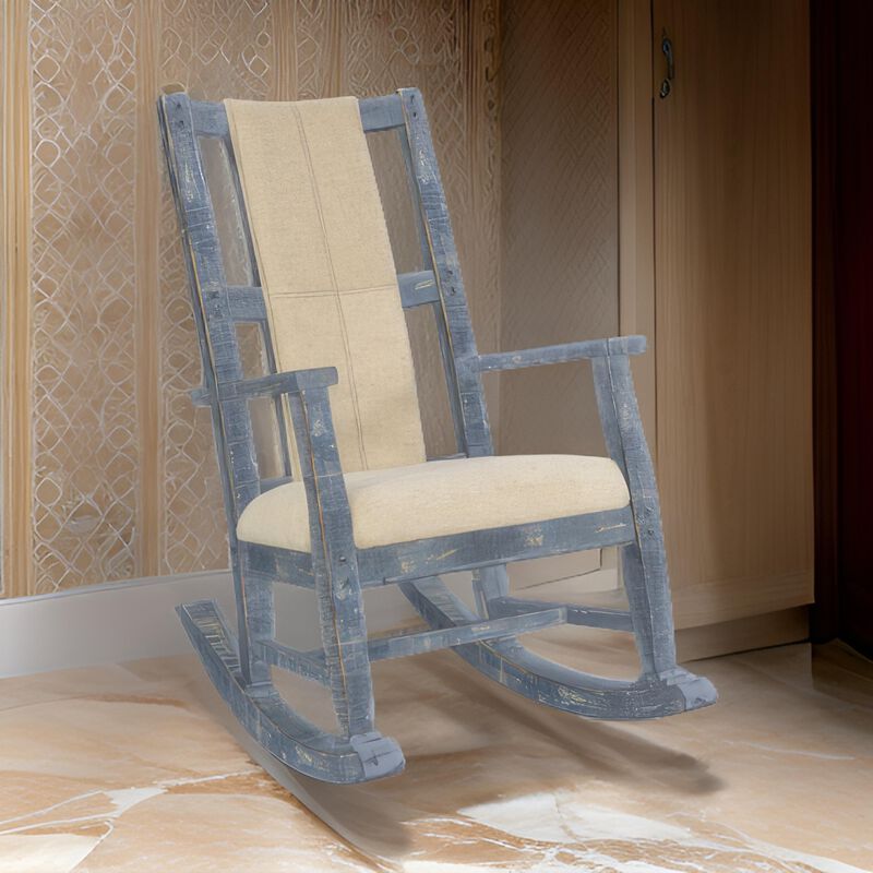 Rena Rocking Chair, Cushion Seat and Back, Blue Mahogany Mindy Wood - Benzara