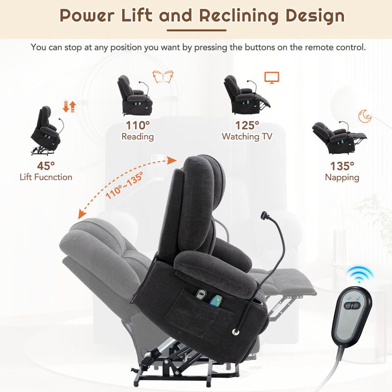 Power Lift Recliner Chair Electric Recliner for Elderly Recliner Chair with Massage and Heating Functions, Remote, Phone Holder Side Pockets and Cup Holders for Living Room, Black