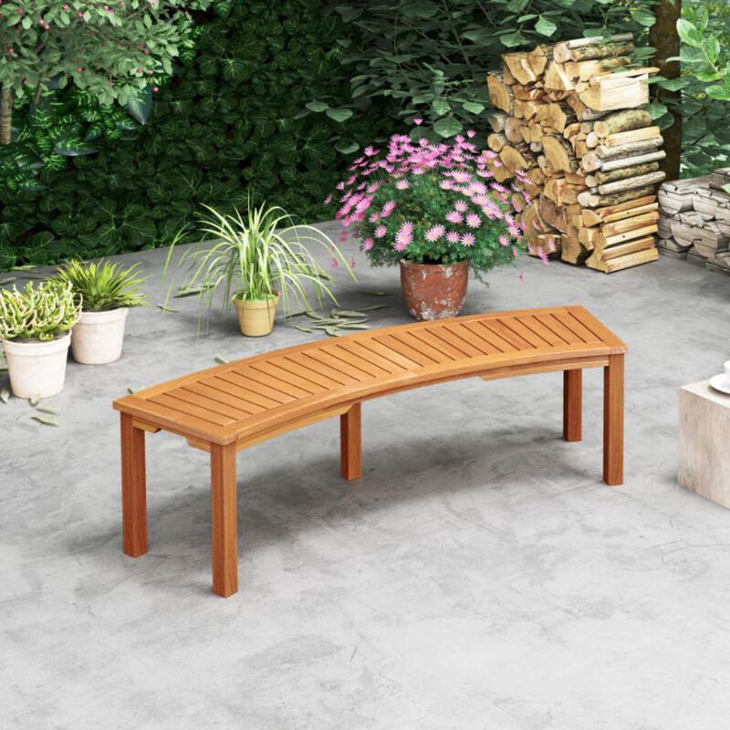 Hivvago Outdoor Curved Acacia Wood Fire Pit Bench with Slatted Seat
