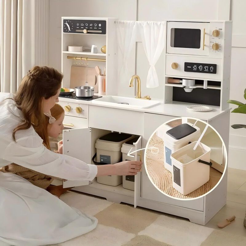Play Kitchen for Kids - Interactive Wooden Kitchen with Running Water - Iconic Aqua Kitchen in Cream, Pretend Play Toy image number 6