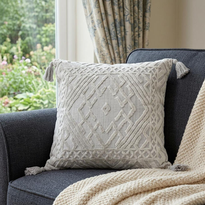 HomeRoots 18" Gray And Silver Geometric Viscose Throw Pillow Cover with Tassels