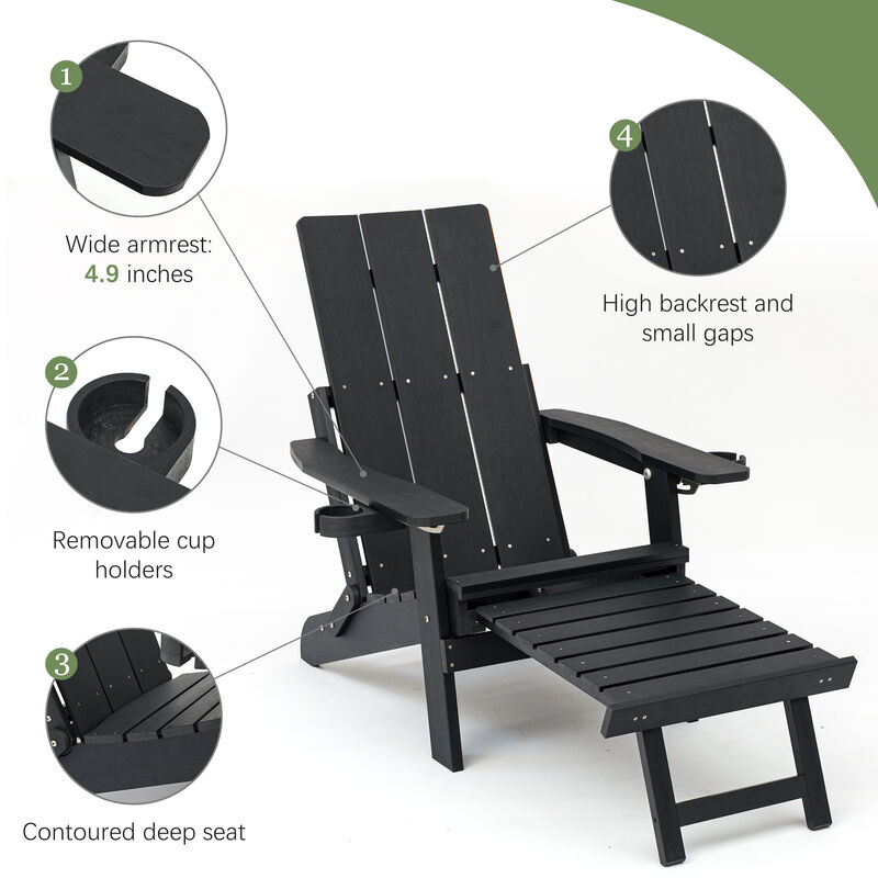 HIPS Poly Lumber Lounge chair with Cup Holders, High Backest and Deep Contoured Seat, for Outdoor/Sandbeach/Yard(Carbon Black)