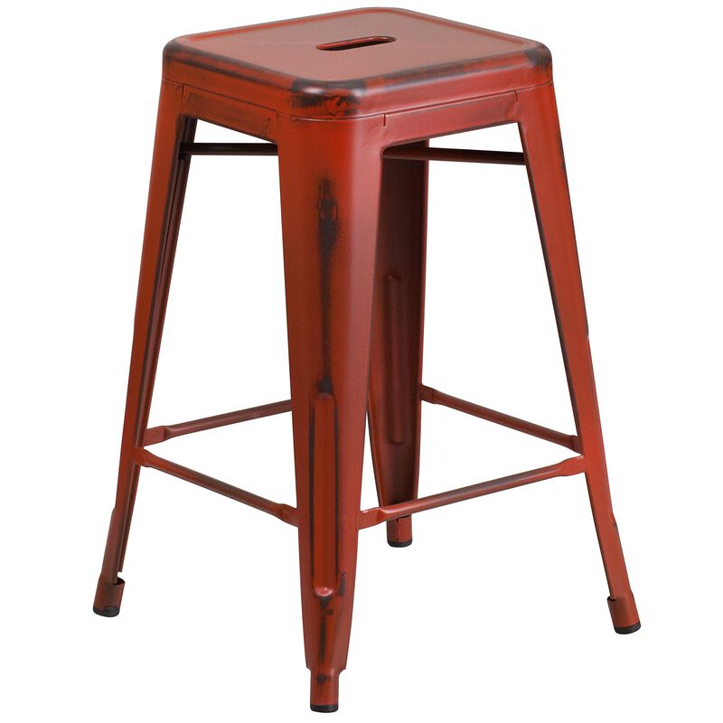 Flash Furniture Commercial Grade 24" High Backless Distressed Kelly Red Metal Indoor-Outdoor Counter Height Stool image number 0