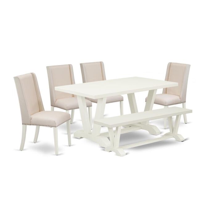 East West Furniture 6-Piece Dinette Set-Cream Color Linen Fabric Seat and High Stylish Chair Back Kitchen chairs, a Rectangular Bench and Rectangular Top Kitchen Table with Solid Wood Legs - Linen Whi