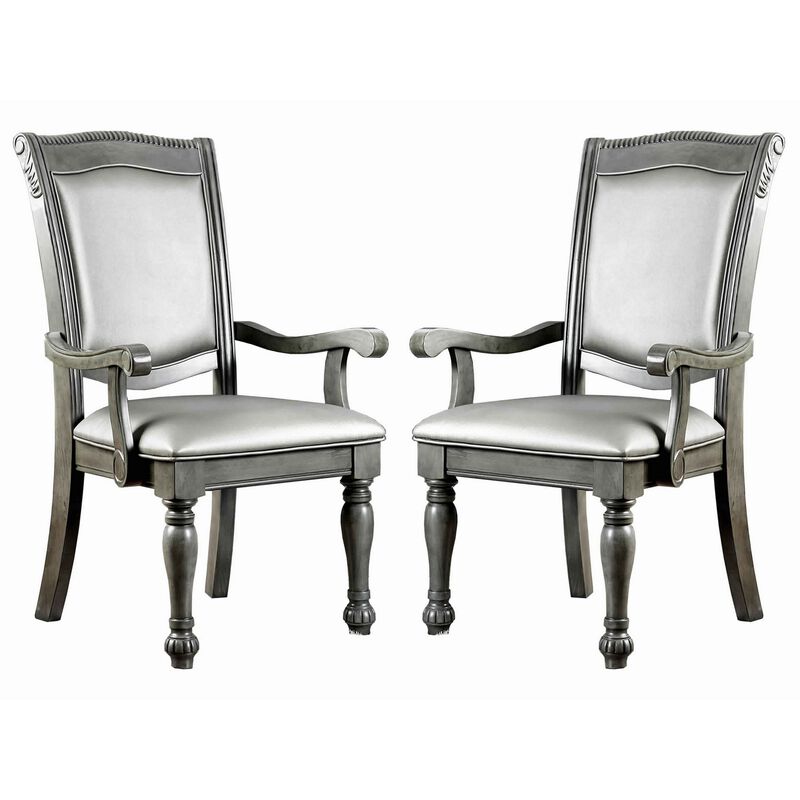 Traditional Style Wooden Arm Chair With Leatherette Cushions In Gray, Set Of 2-Benzara