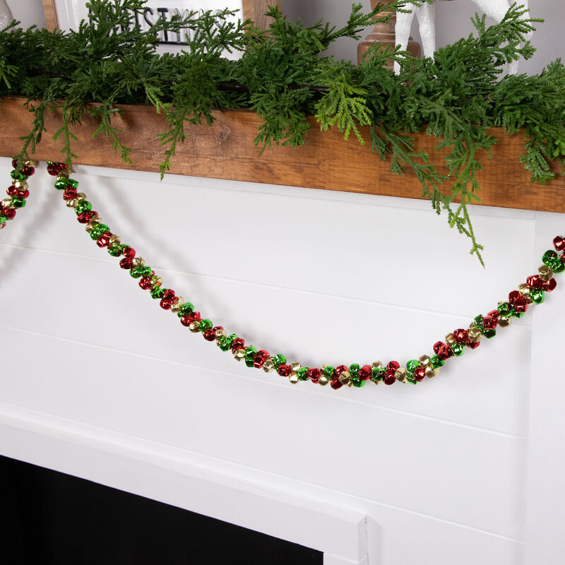 5' Green  Gold and Red Jingle Bell Christmas Garland  Unlit